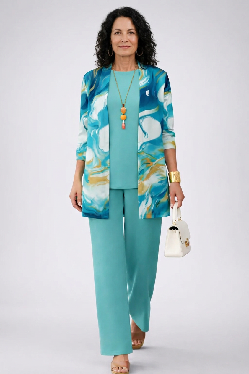 Woman wearing a turquoise three-piece cardigan, top and trousers co-ord set