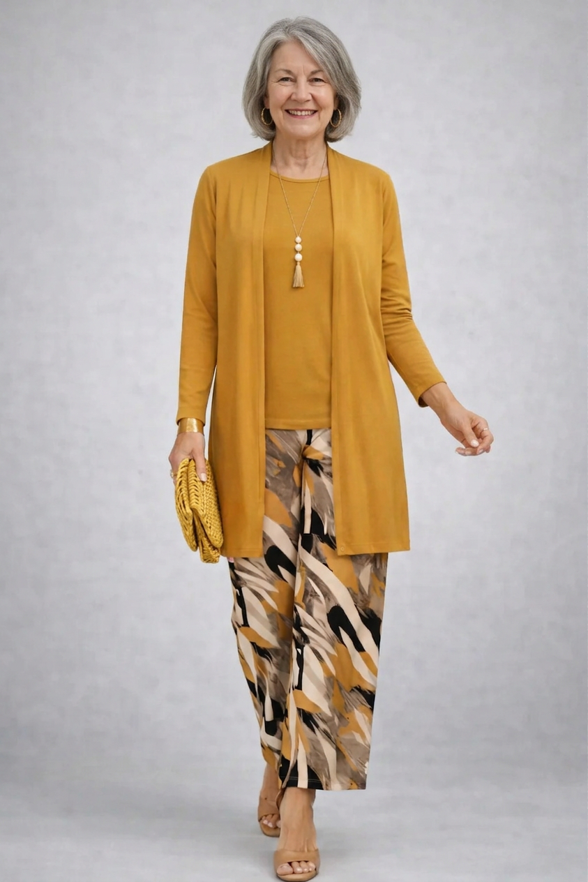 Woman wearing a yellow three-piece cardigan, top and trousers co-ord set