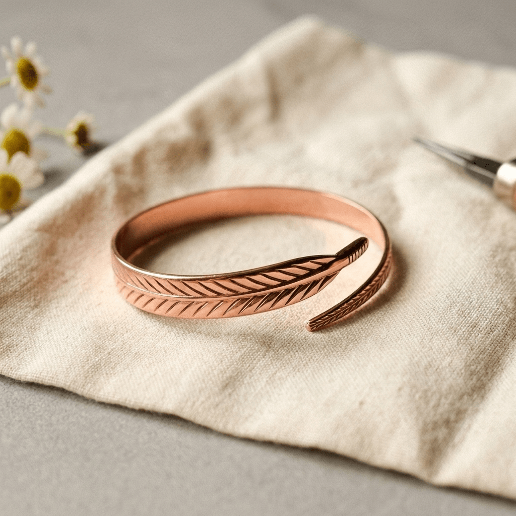 Woman wearing a grooved copper cuff