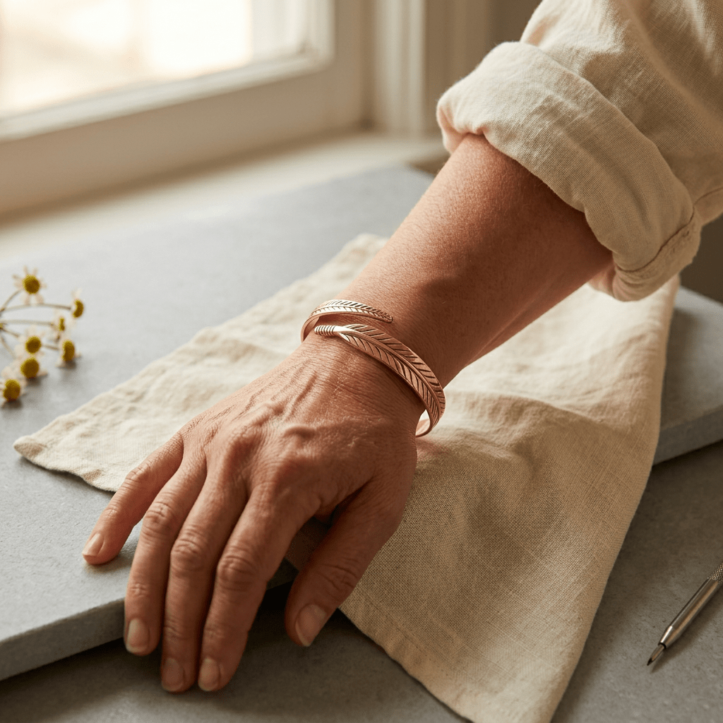 Woman wearing a grooved copper cuff