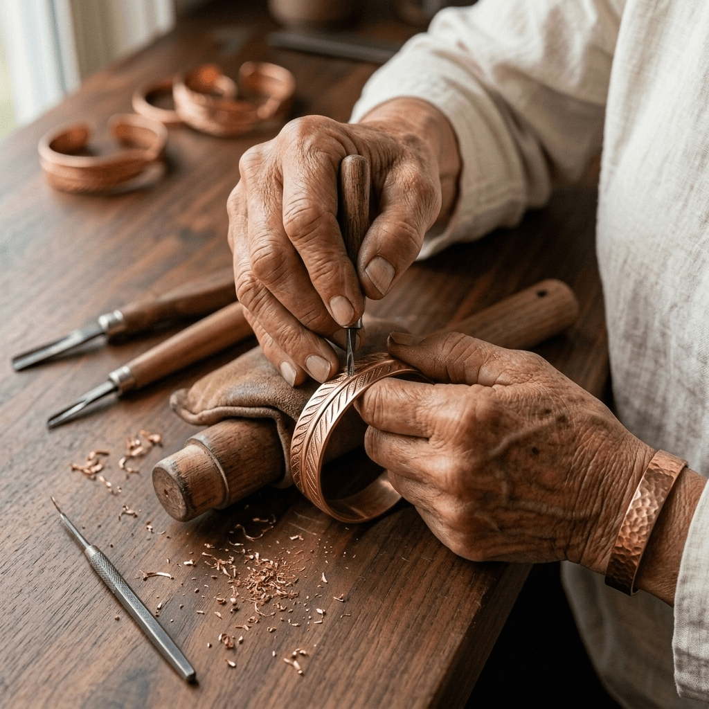 Woman wearing a grooved copper cuff