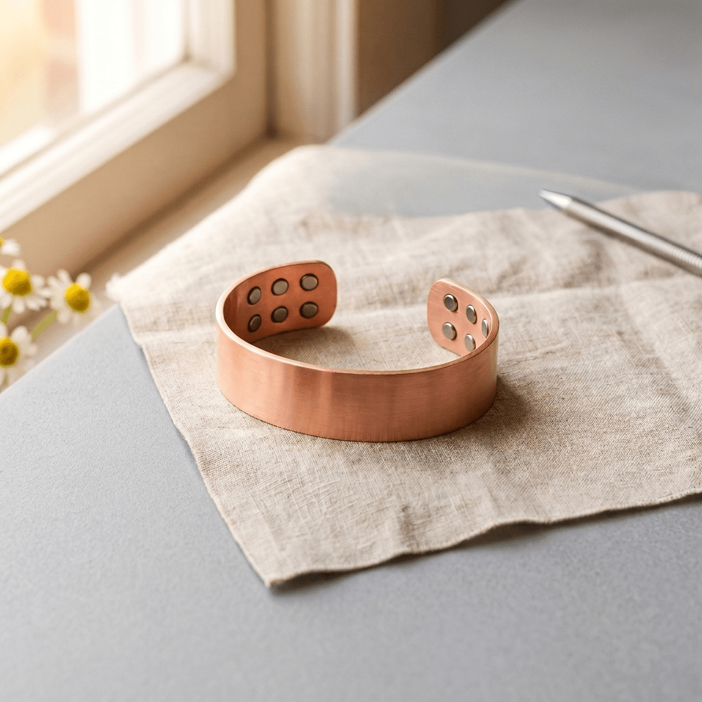 Wide copper cuff with dotted detailing
