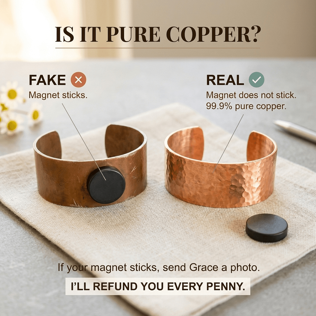 Woman wearing a floral engraved copper cuff