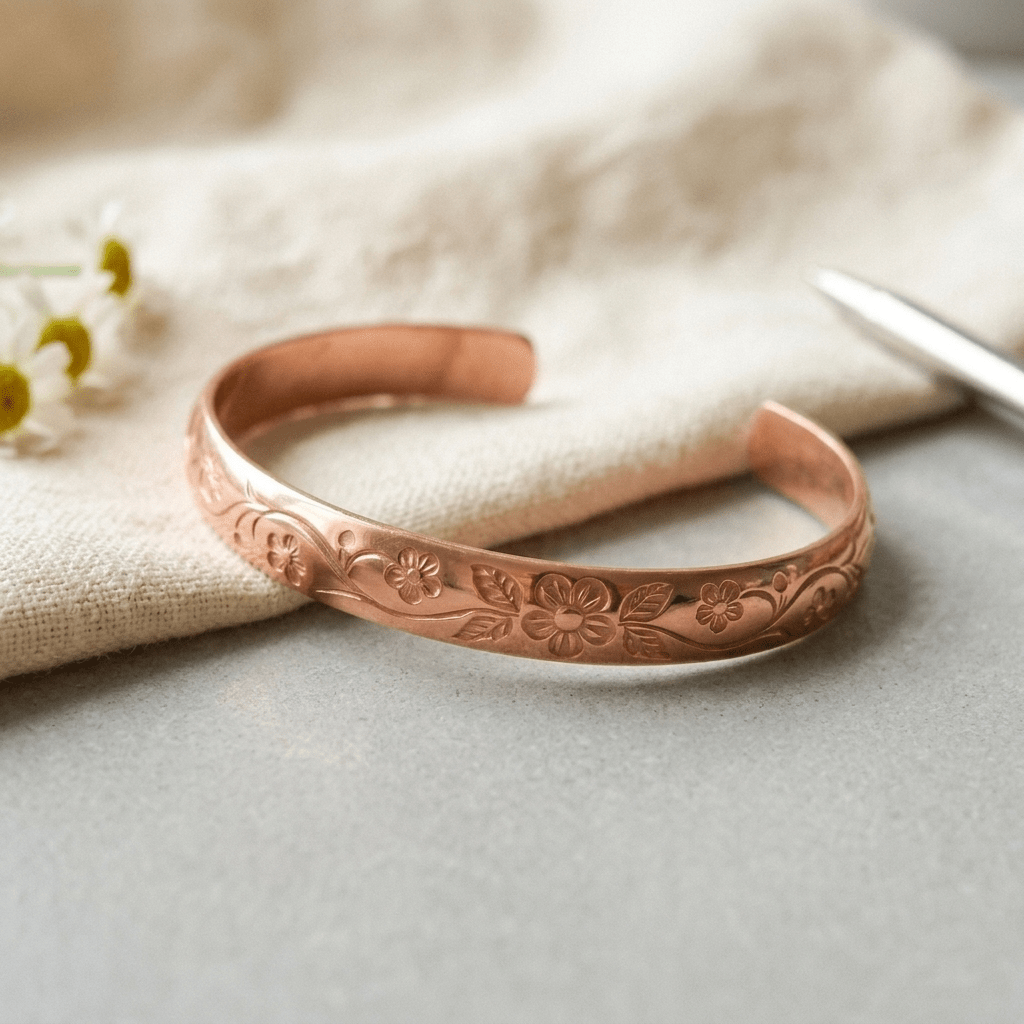 Woman wearing a floral engraved copper cuff