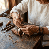 Woman wearing a floral engraved copper cuff