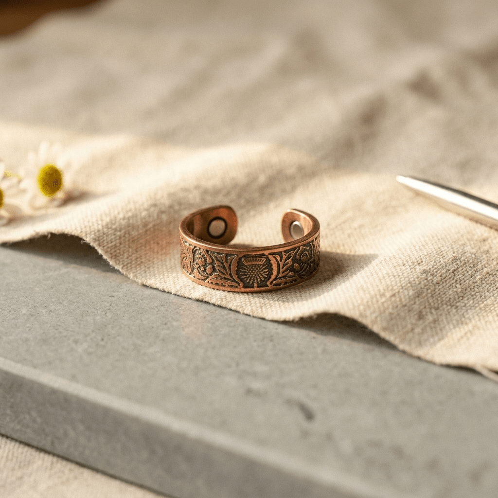 Copper ring with a hand-set jade inlay