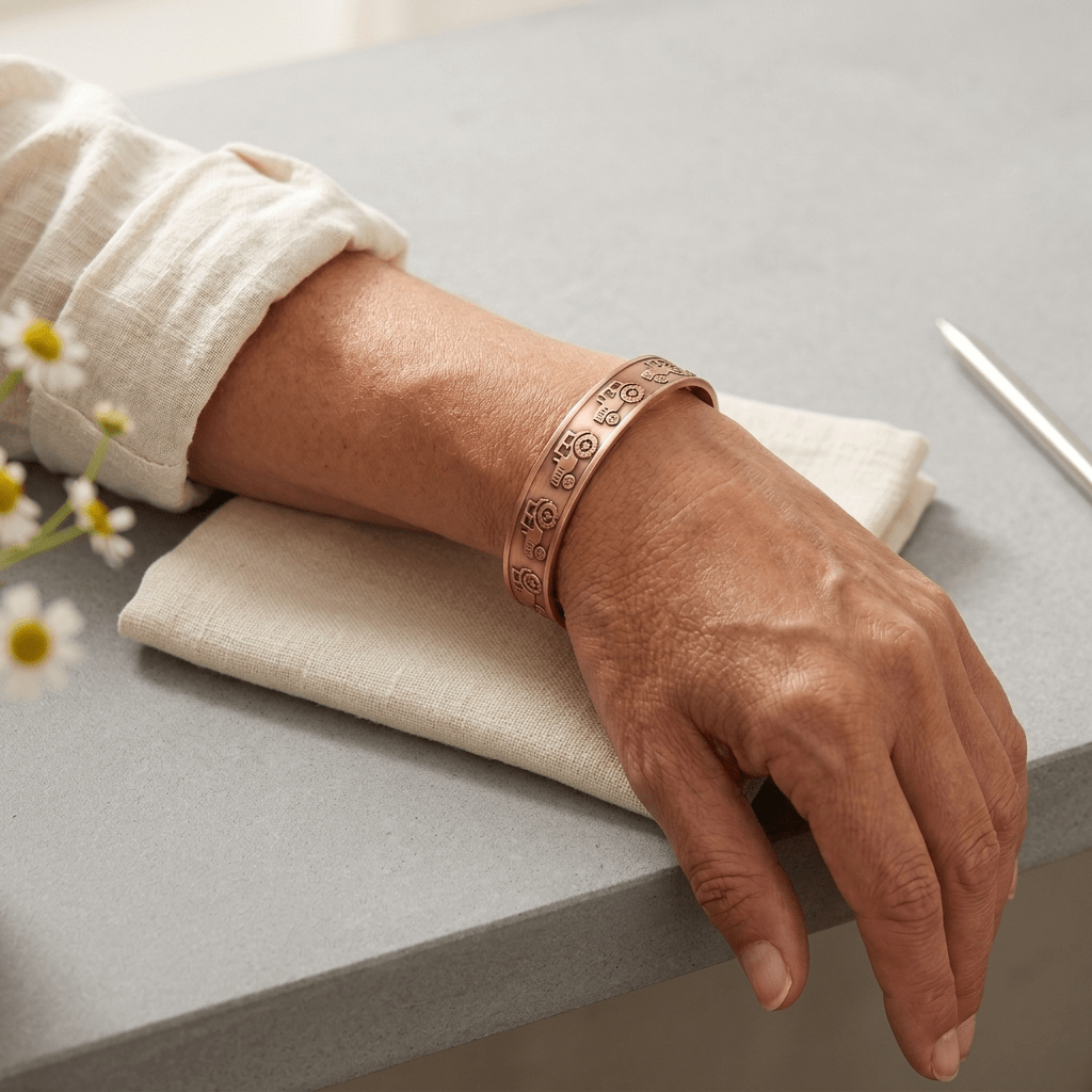 Copper cuff bracelet with hand-stamped tractor pattern