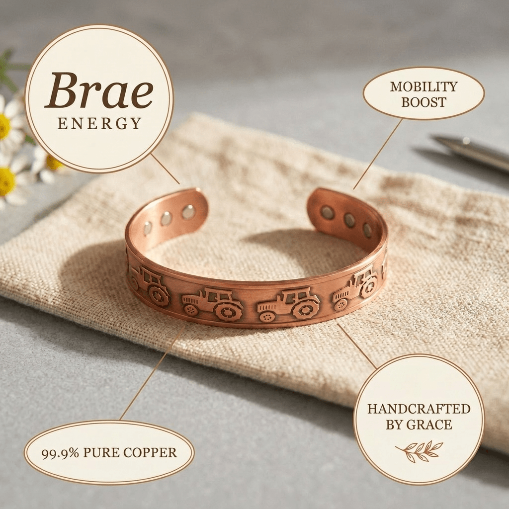 Copper cuff bracelet with hand-stamped tractor pattern
