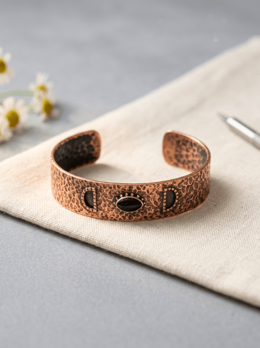 Hammered copper cuff bracelet with centre onyx stone