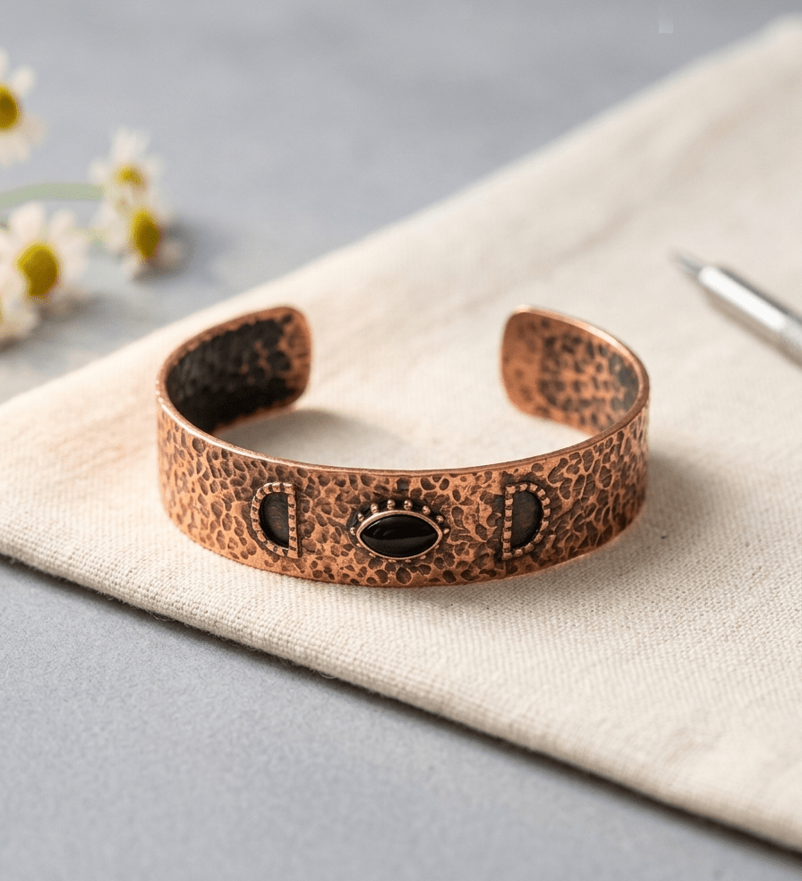 Hammered copper cuff bracelet with centre onyx stone