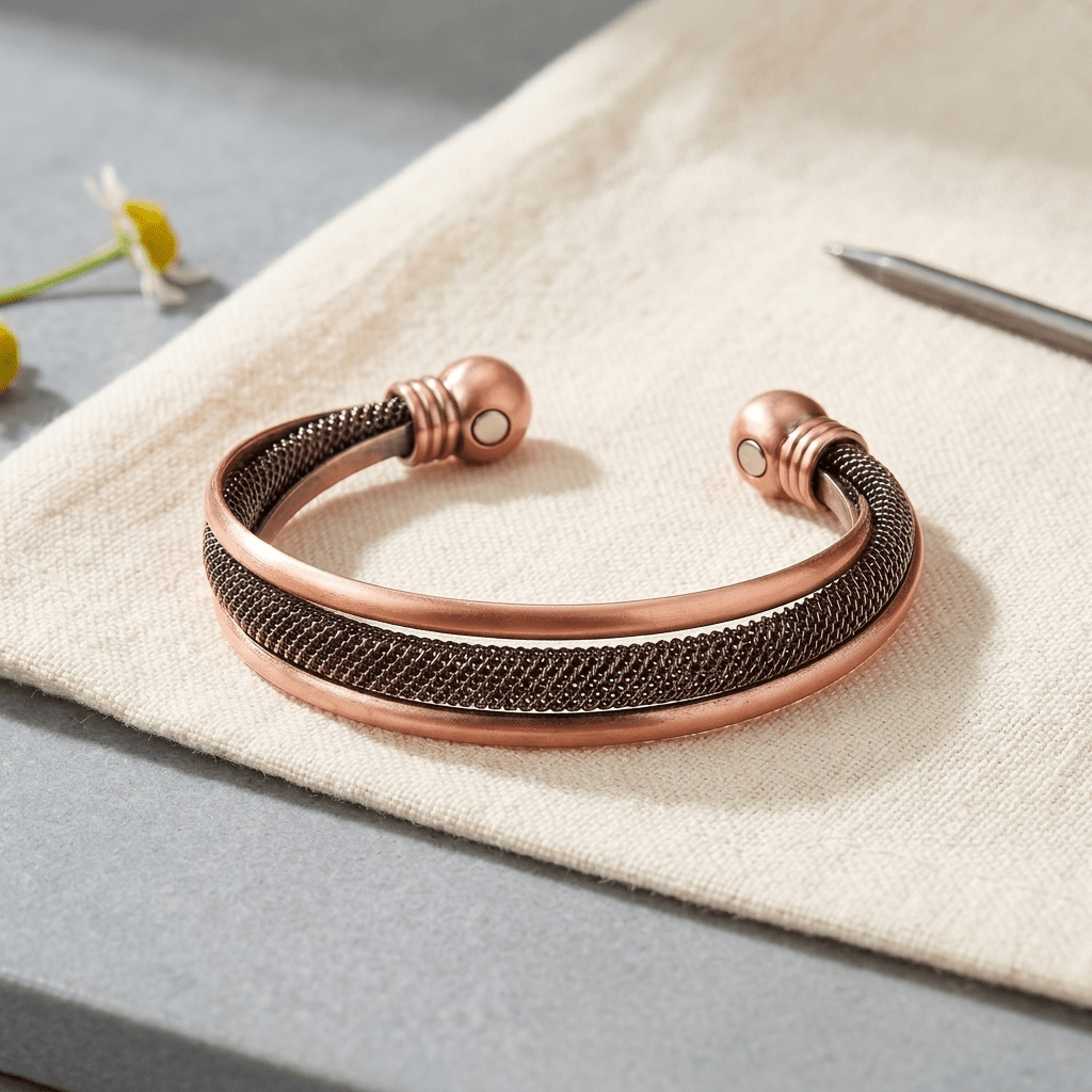 Mesh copper bracelet with coiled ends