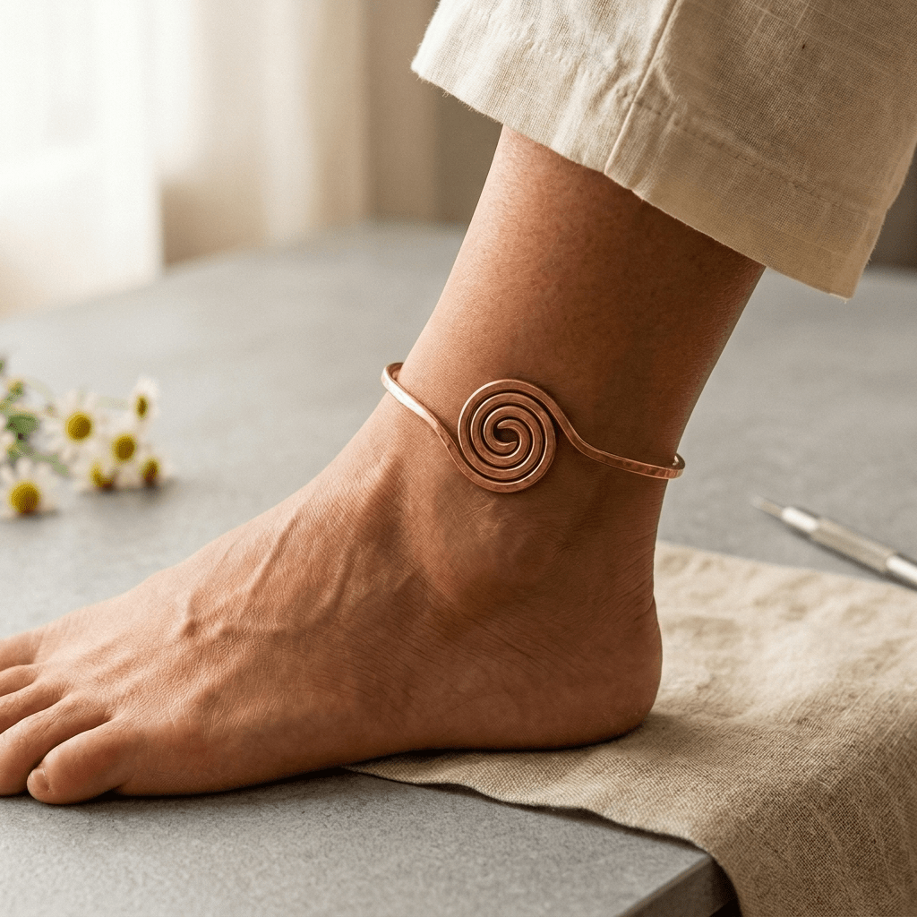 Spiral copper anklet with a hand-coiled centre design