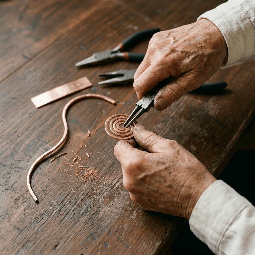 Spiral copper anklet with a hand-coiled centre design