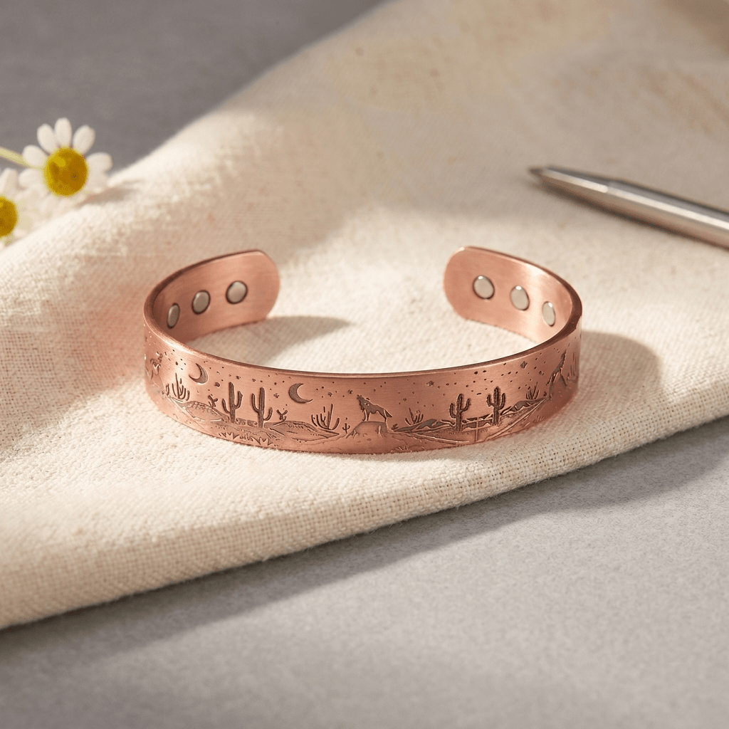 Copper cuff bracelet with a hand-pressed desert scene design