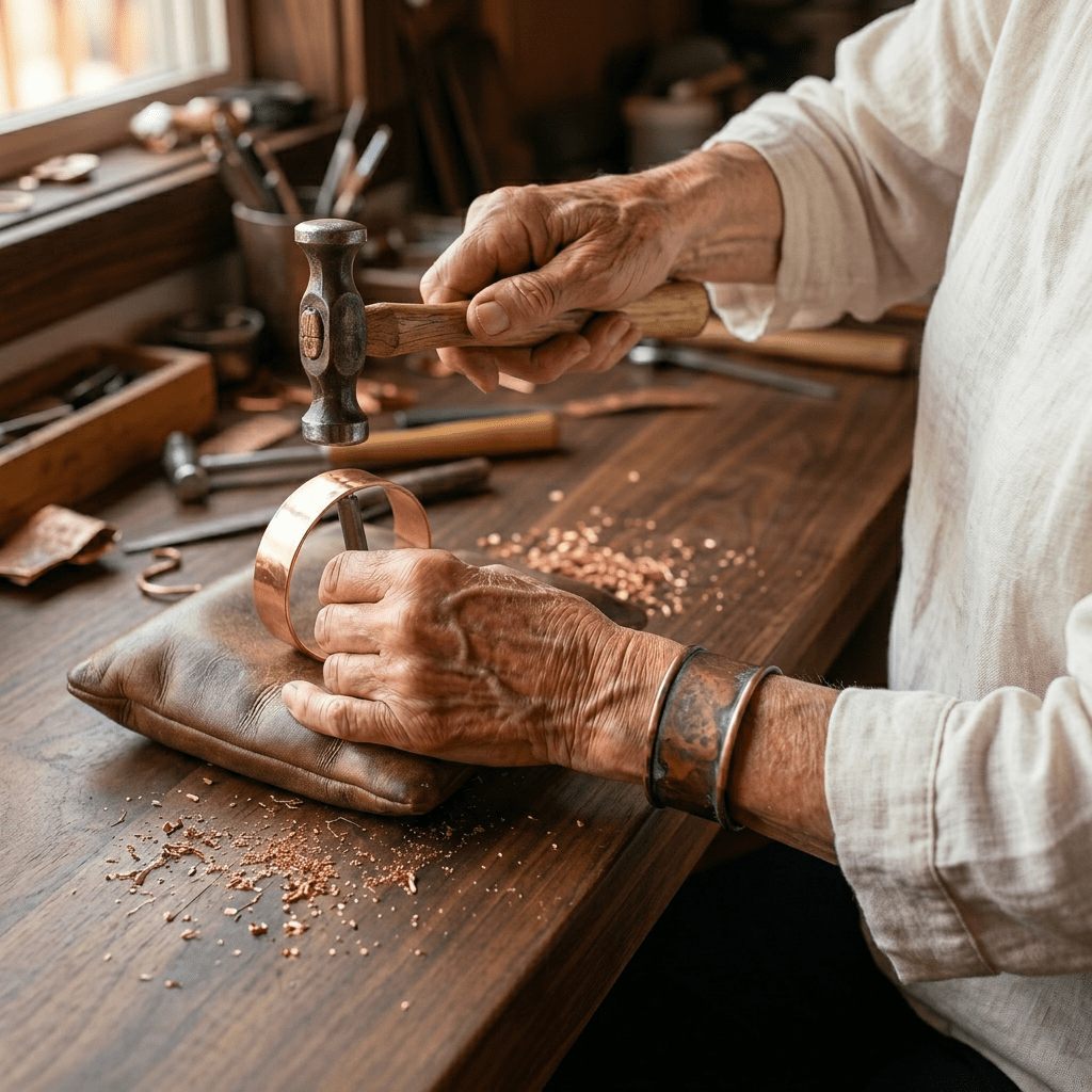 Copper cuff bracelet with a hand-pressed desert scene design