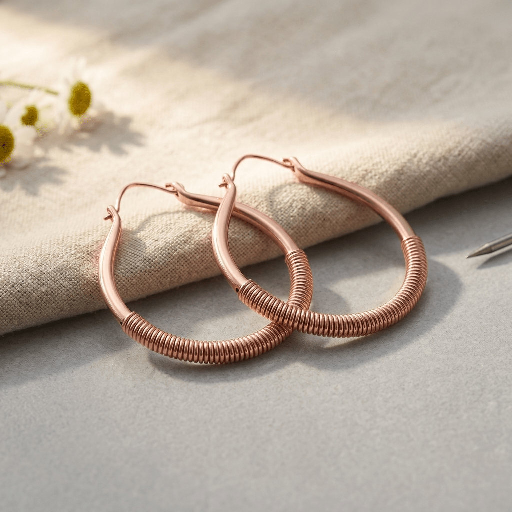 Wrapped teardrop copper earrings with coiled detail