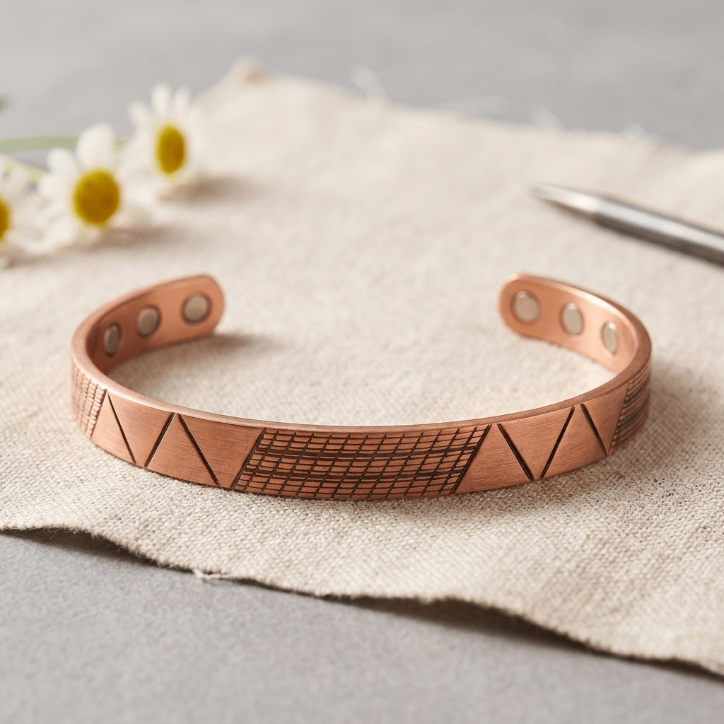 Copper cuff bracelet with a geometric pattern and hidden magnets