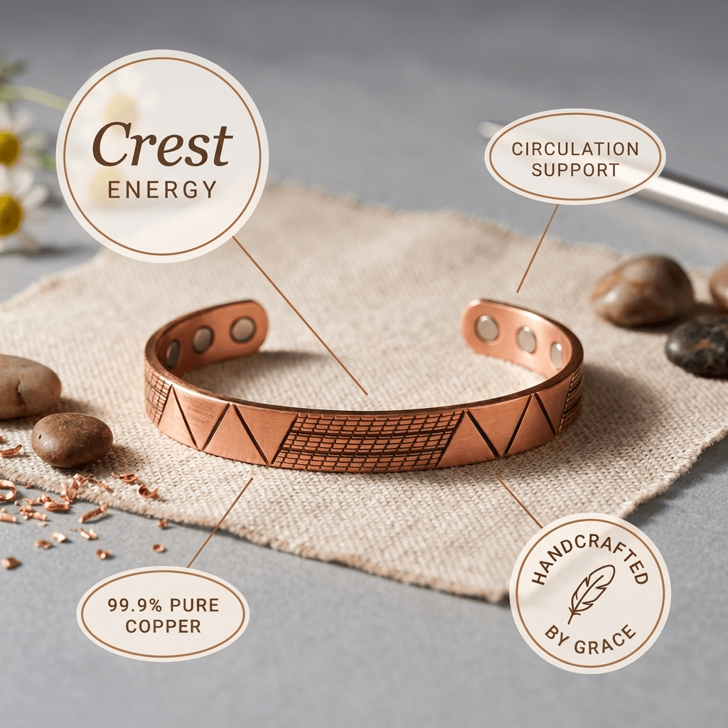 Copper cuff bracelet with a geometric pattern and hidden magnets