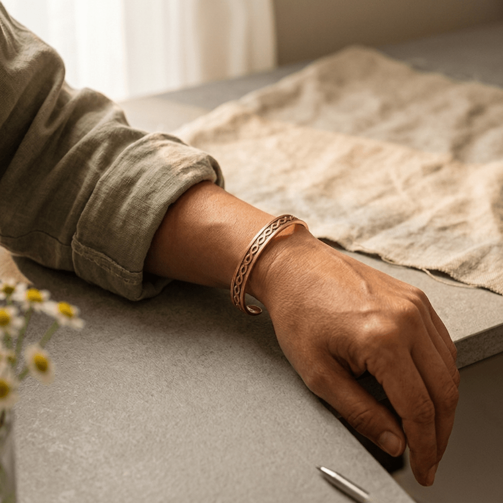 Copper cuff bracelet with an infinity pattern and hidden magnets