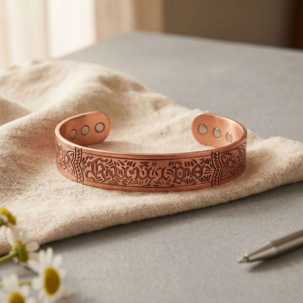 Copper cuff bracelet with hand-engraved gothic lettering