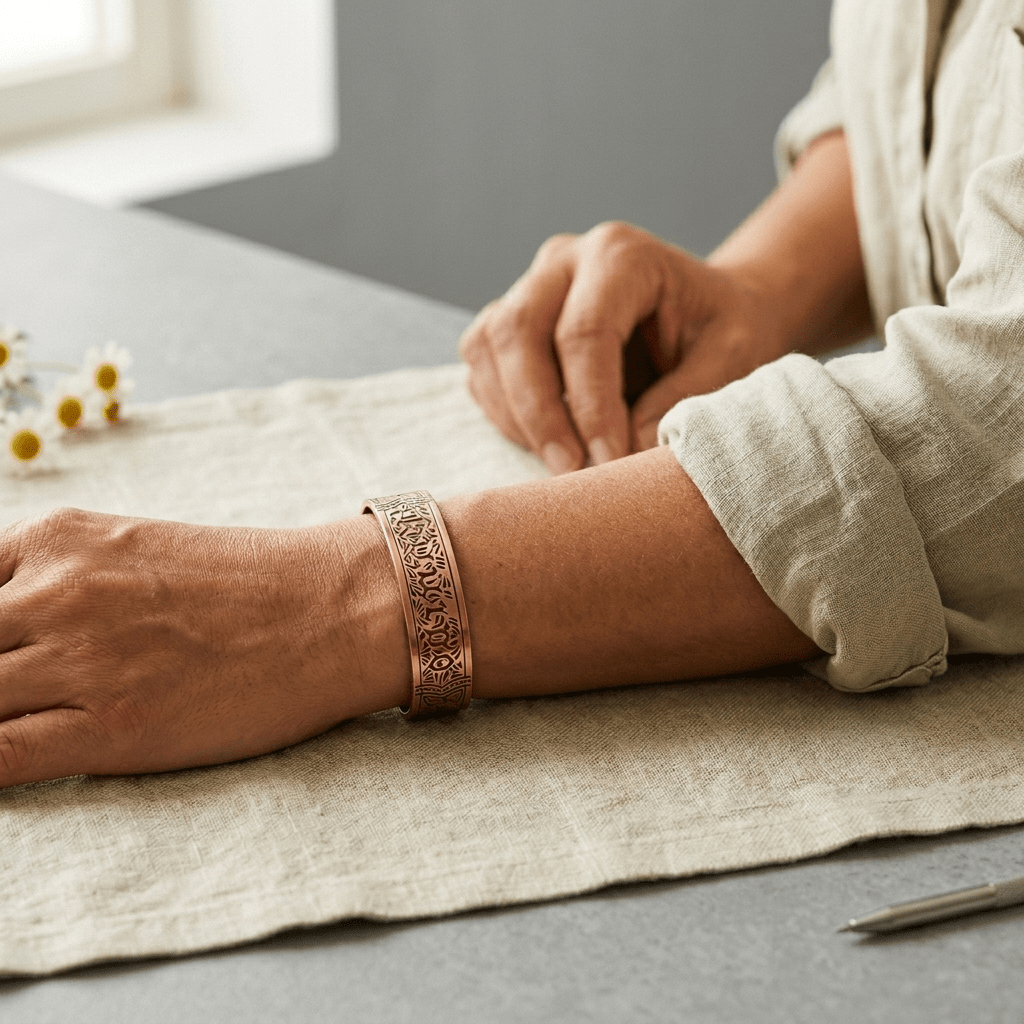 Copper cuff bracelet with hand-engraved gothic lettering