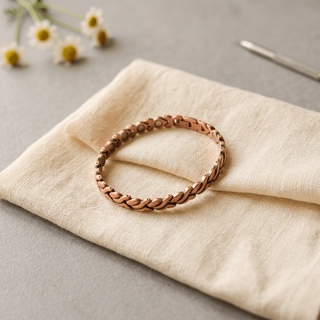 Magnetic link copper anklet laid flat