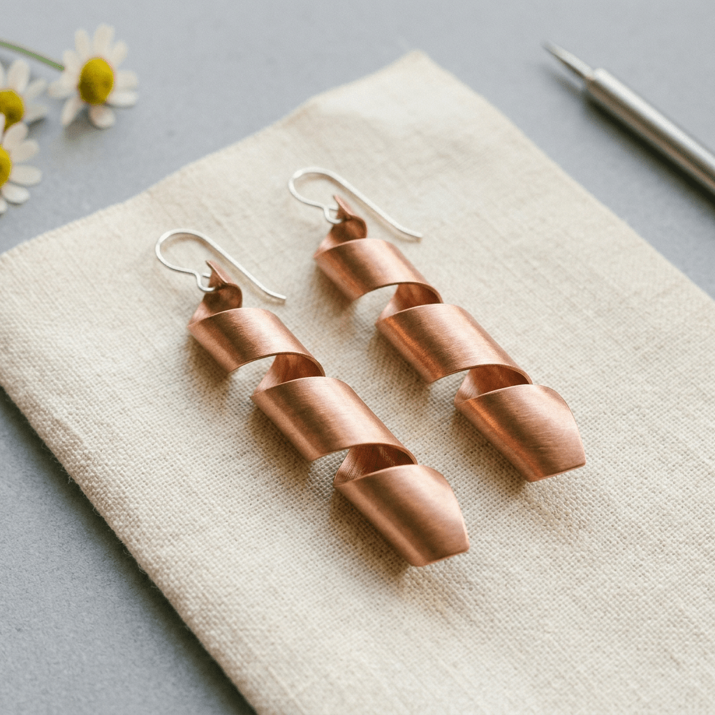 Pair of spiral copper earrings, hand-twisted design