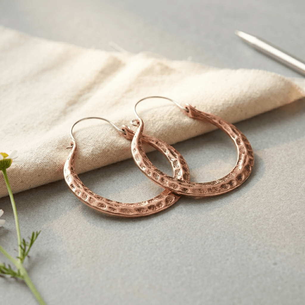 Hammered crescent copper hoop earrings