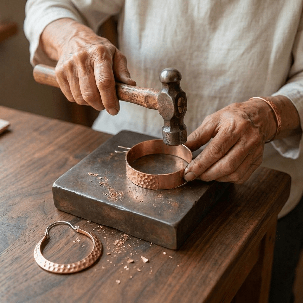 Hammered crescent copper hoop earrings