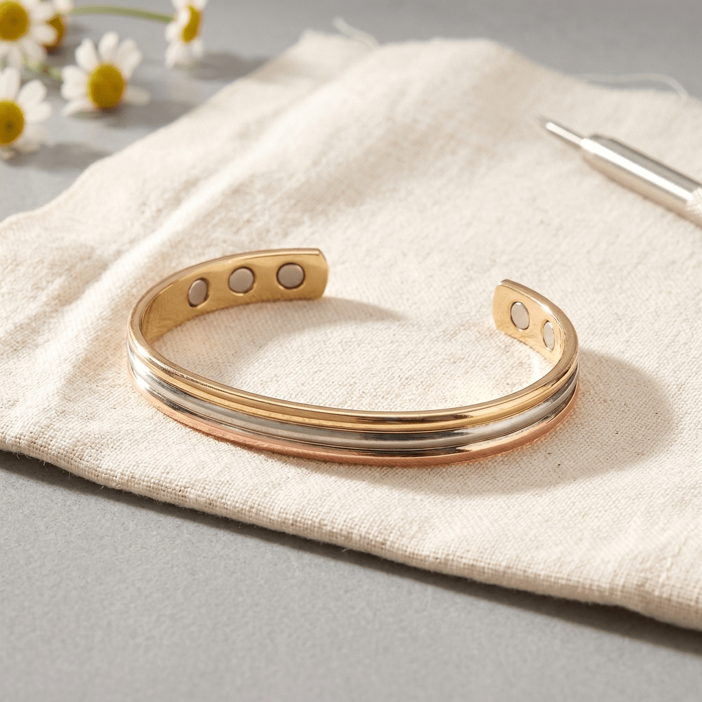Three-tone copper cuff bracelet in gold, silver and rose finishes