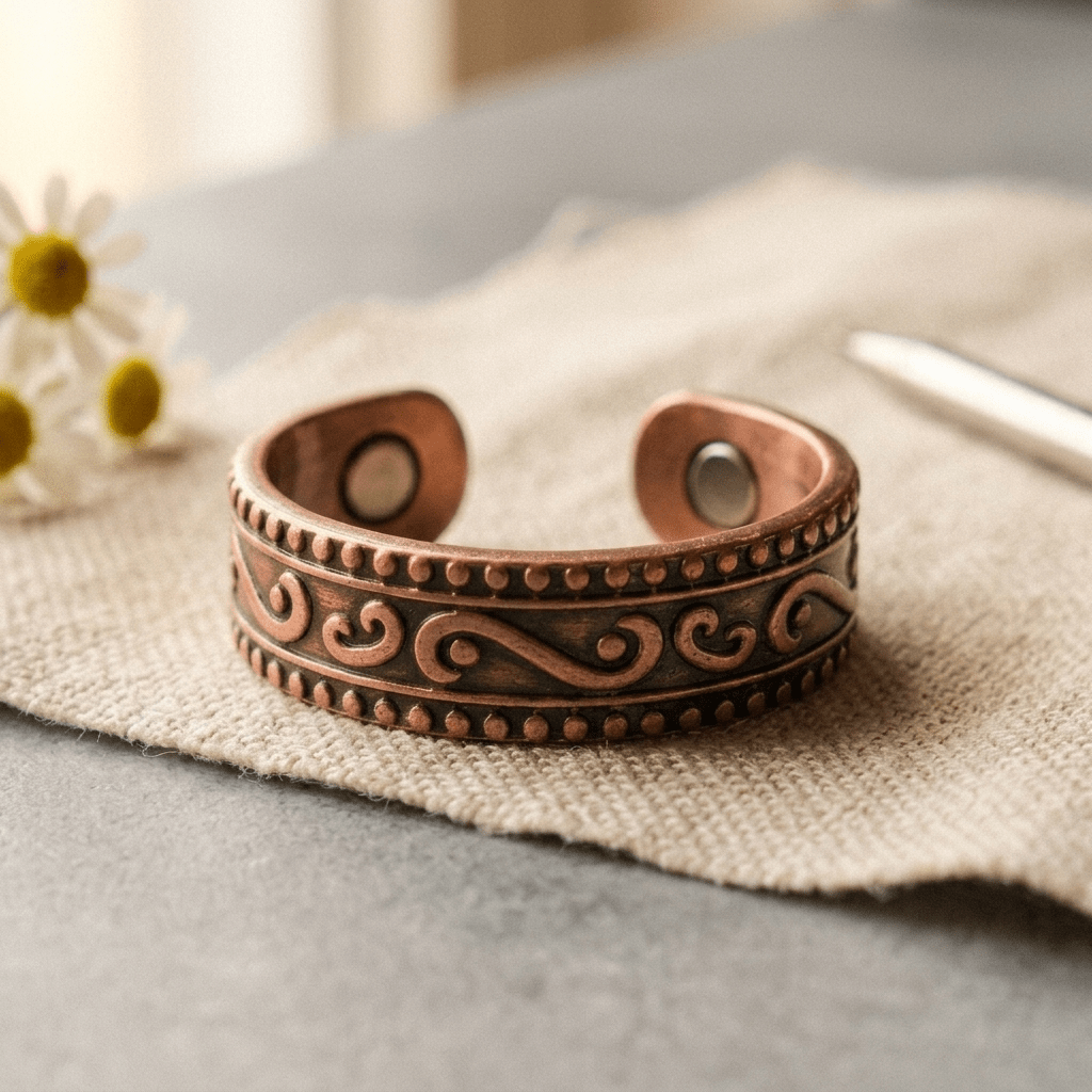 Engraved copper ring with scroll and fern pattern and hidden magnets