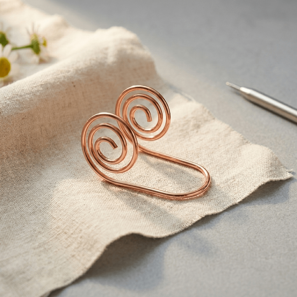 Copper hand spiral jewellery worn across the hand