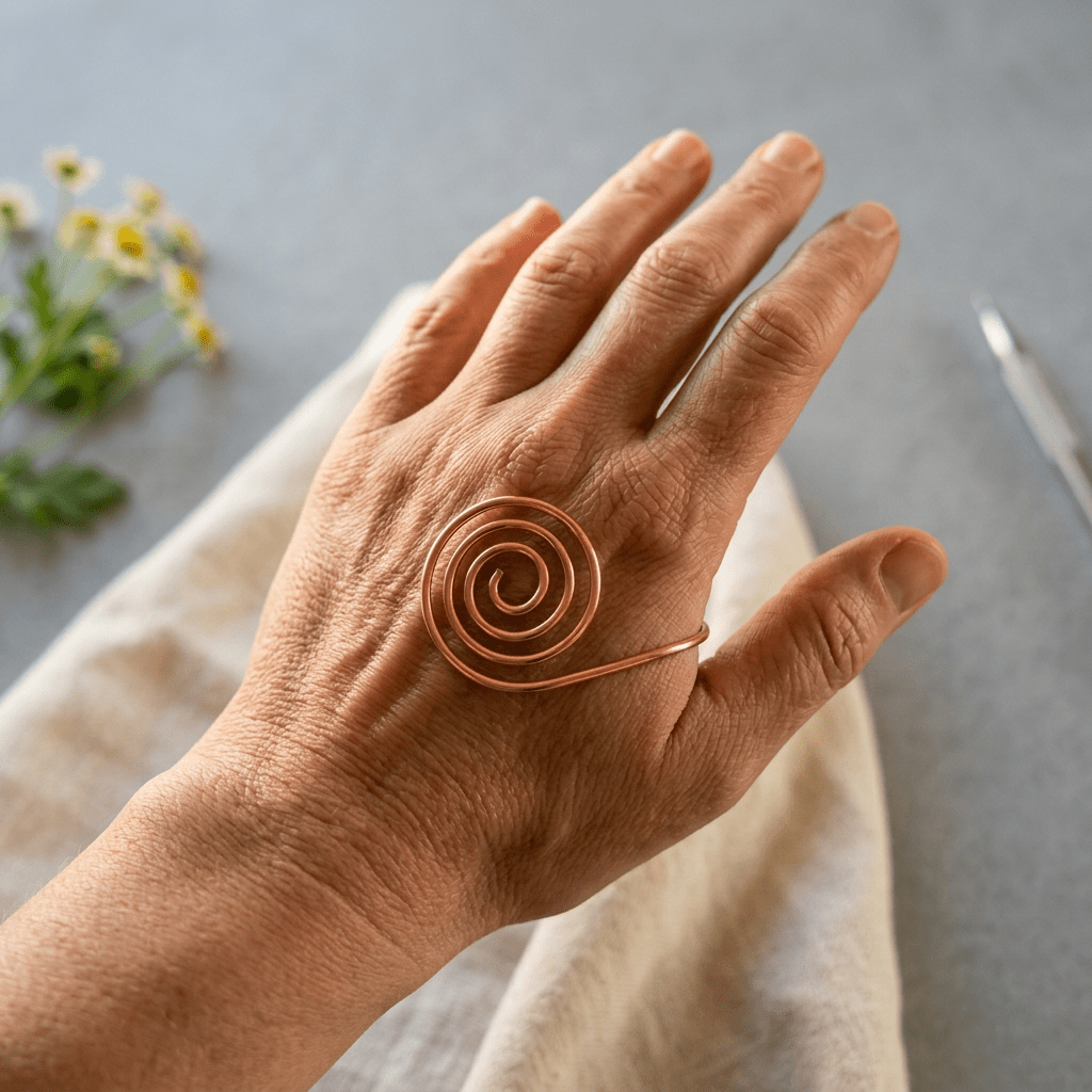 Copper hand spiral jewellery worn across the hand