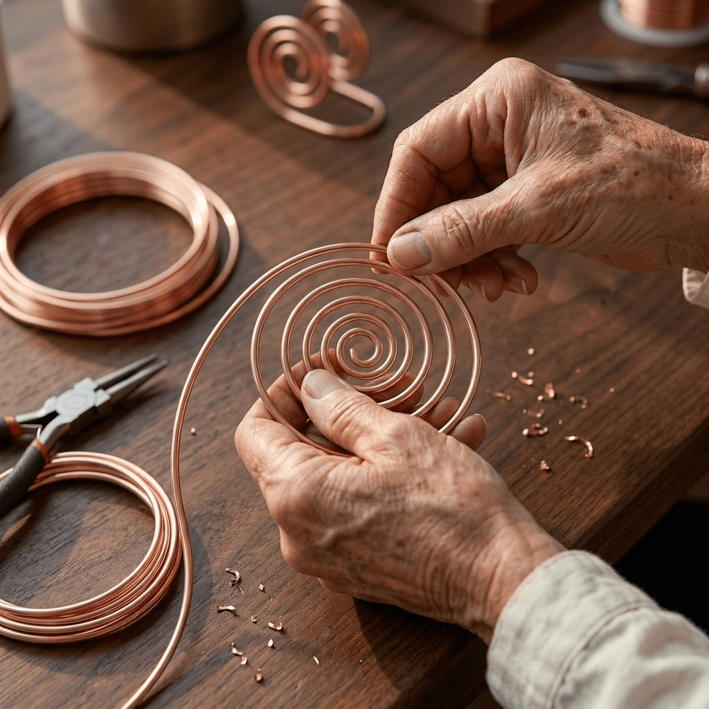 Copper hand spiral jewellery worn across the hand