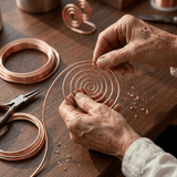 Copper hand spiral jewellery worn across the hand