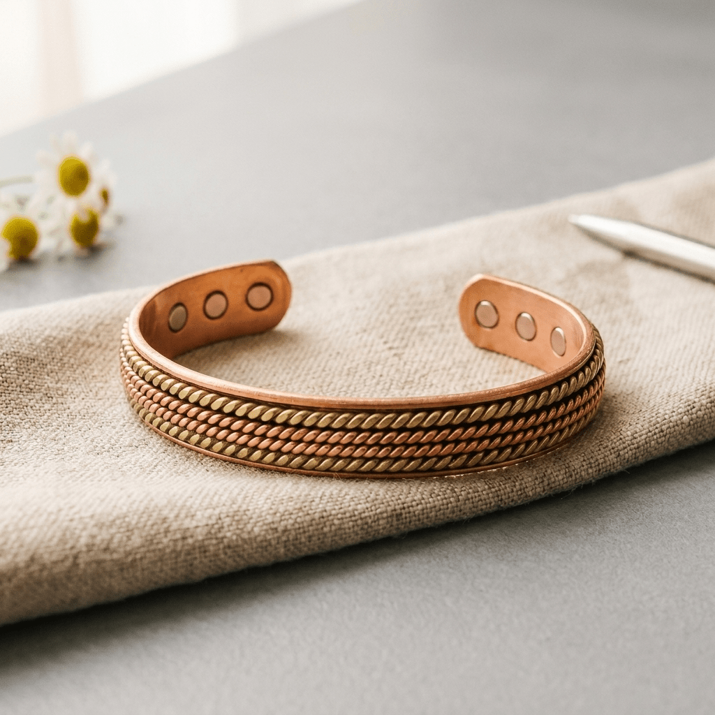 Woman wearing a braided magnetic copper bracelet