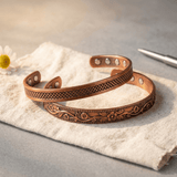 Engraved copper cuff set, pair of two cuffs
