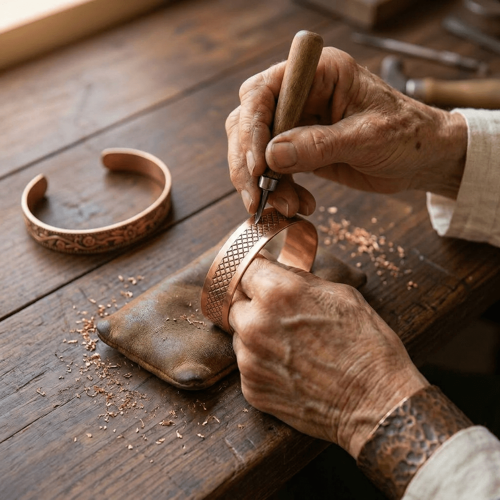 Engraved copper cuff set, pair of two cuffs