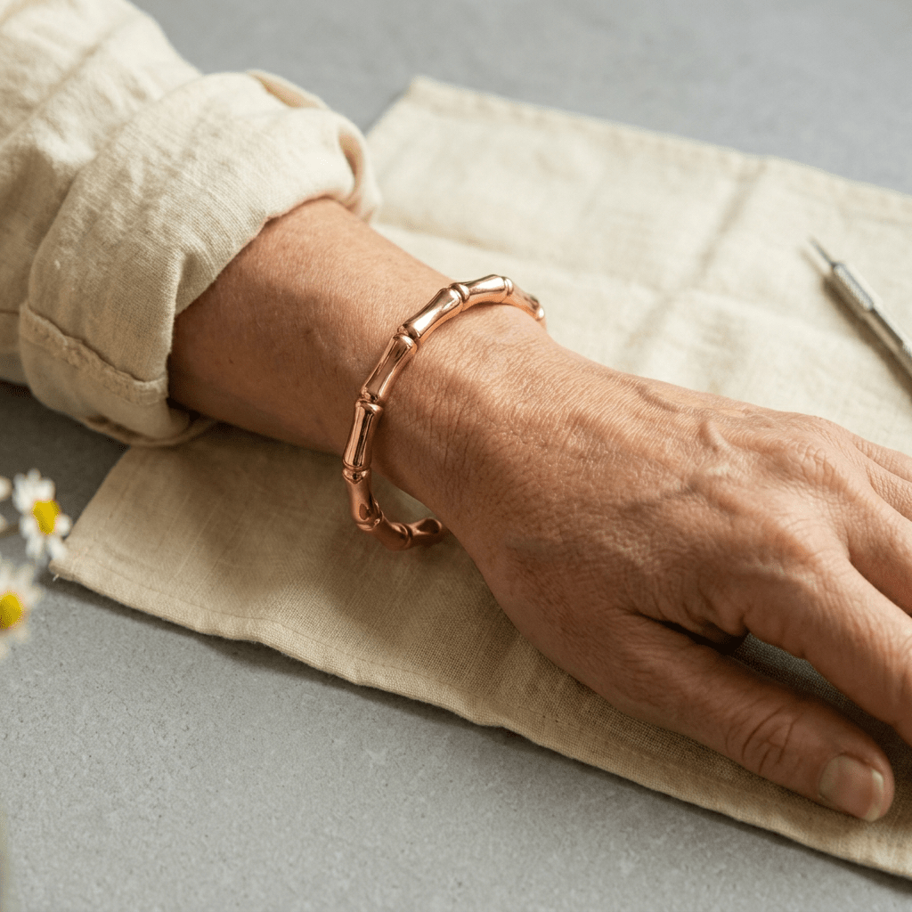 Copper cuff with bamboo-inspired segmented design
