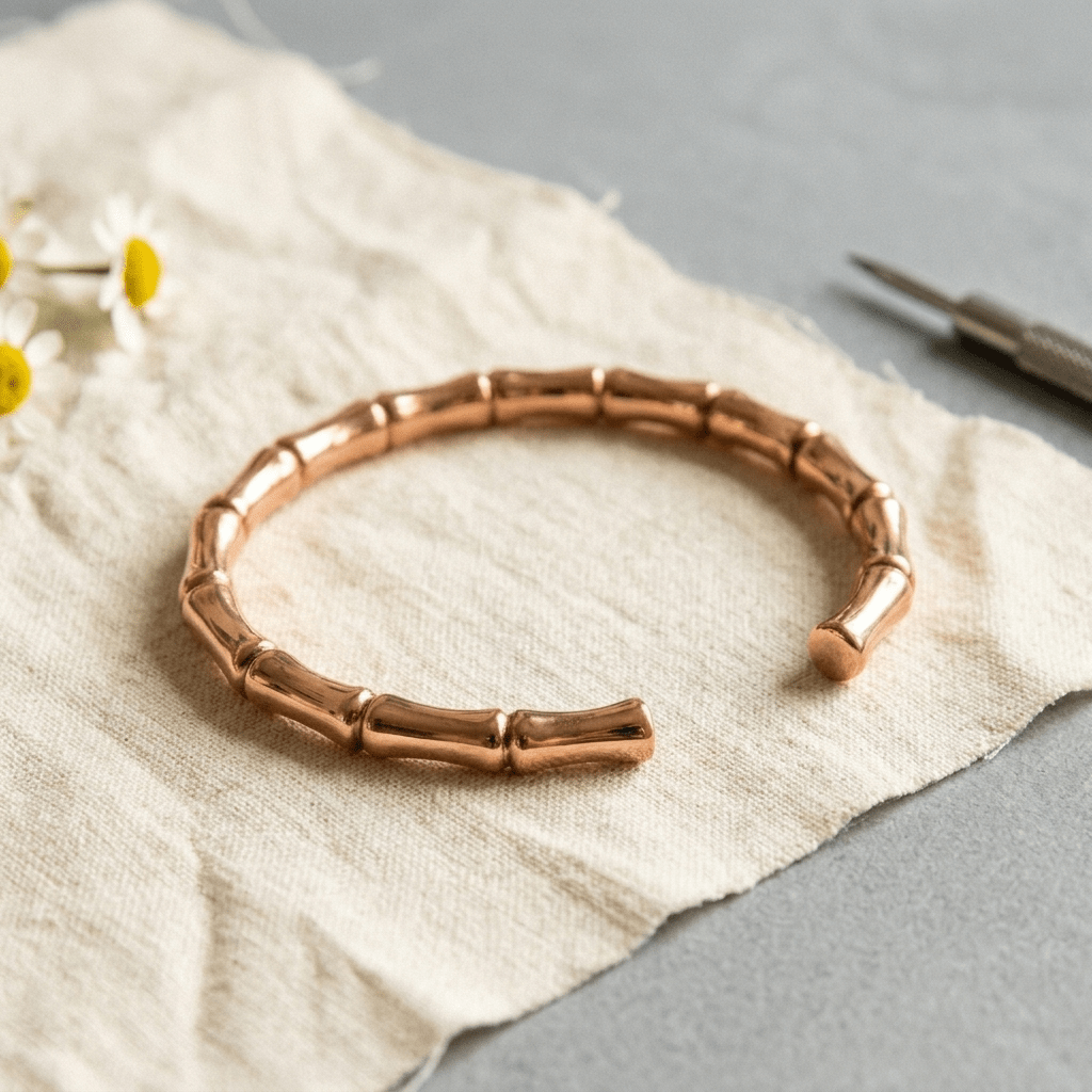 Copper cuff with bamboo-inspired segmented design