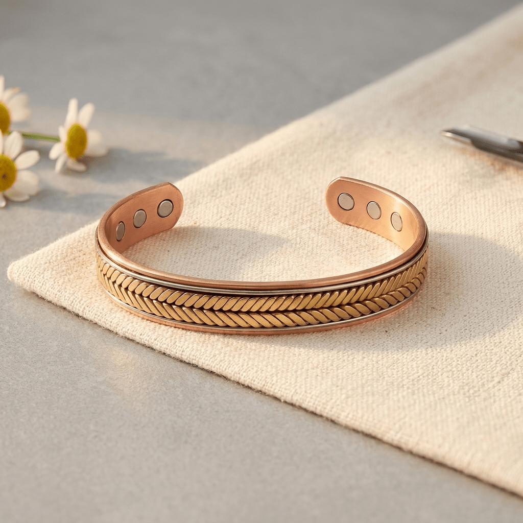 Copper cuff bracelet with a hand-pressed chevron braid pattern