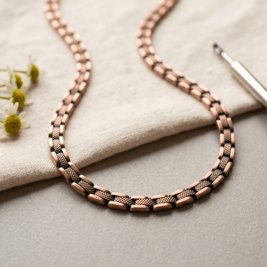 Copper link necklace with alternating smooth and textured links