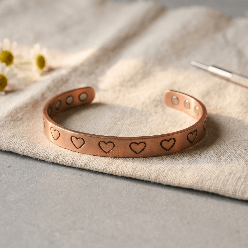 Copper cuff bracelet with a hand-stamped heart pattern