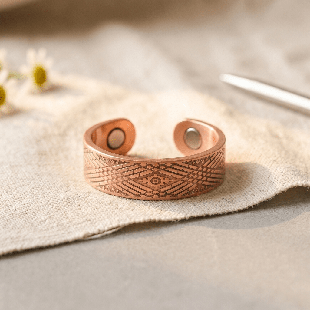 Copper ring with a hand-cut crosshatch pattern