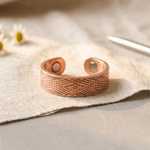 Copper ring with a hand-cut crosshatch pattern