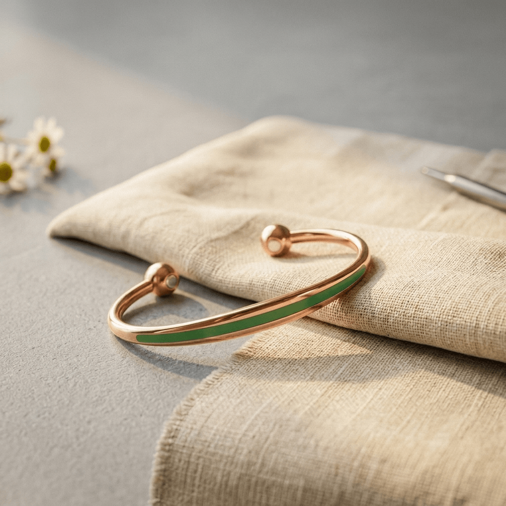Copper cuff with jade inlay