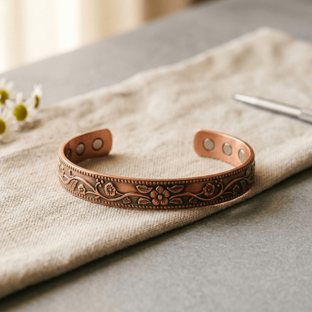 Copper cuff bracelet with hand-engraved flowers and a beaded border