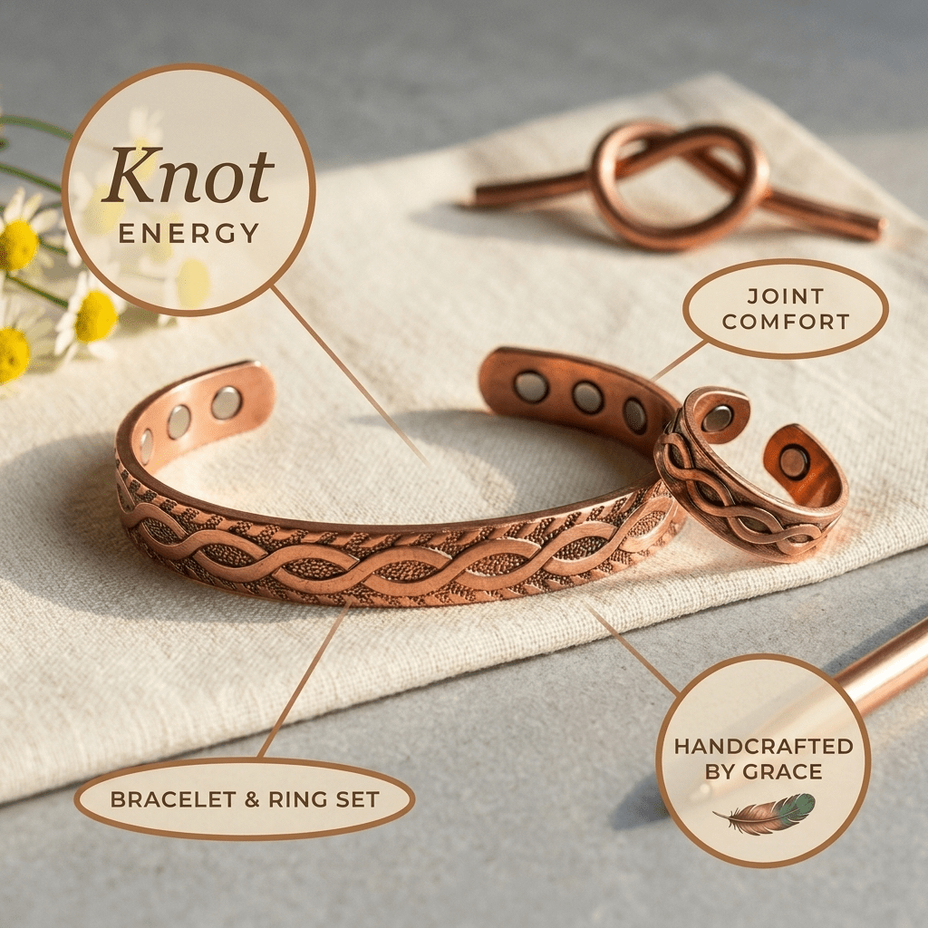 Knot engraved copper bracelet and ring set