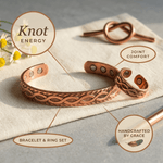 Knot engraved copper bracelet and ring set