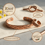 Knot engraved copper bracelet and ring set